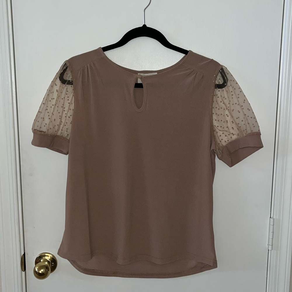 Taupe blouse with sheer sleeves with polka dot detail